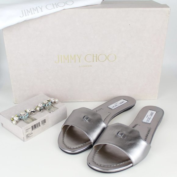 NEW JIMMY CHOO Naya Embellished Metallic Slide | Luxe Summer Party Sandals - Picture 2 of 16